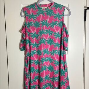 Simply Southern Dress‎ Pink with Green Palm Trees Cold Shoulder Size M